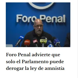 Foro Penal advierte que solo el Parlamento puede derogar la ley de amnistía