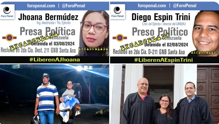 Foro Penal sobre la excarcelación de los presos políticos JOHANNA BERMÚDEZ y el coronel DIEGO BAUTISTA ESPIN TRINI