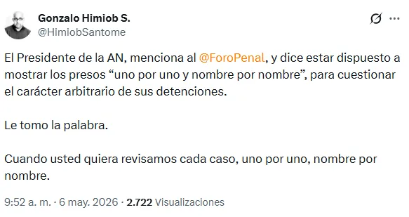 El vicepresidente de la ONG Foro Penal invita a Jorge Rodríguez a revisar casos de Presos Políticos