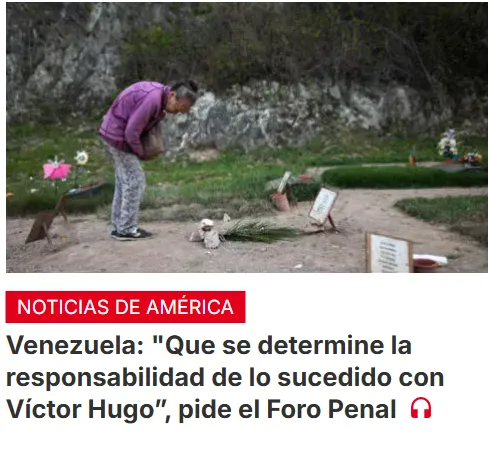 Venezuela: "Que se determine la responsabilidad de lo sucedido con Víctor Hugo”, pide el Foro Penal
