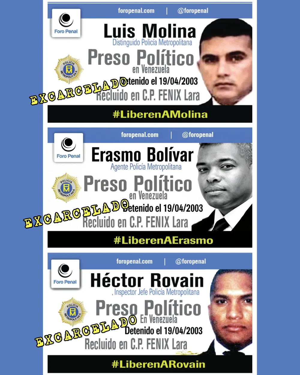 Foro Penal confirma excarcelación de los policías metropolitanos Erasmo Bolívar, Luis Molina, y Héctor Rovaín