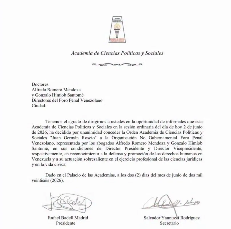 Foro Penal recibe reconocimiento de la Academia de Ciencias Políticas