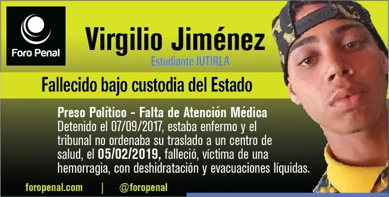 Hoy recordamos al estudiante y preso político 𝗩𝗶𝗿𝗴𝗶𝗹𝗶𝗼 𝗝𝗶𝗺é𝗻𝗲𝘇, de 20 años, quien murió 𝗯𝗮𝗷𝗼 𝗰𝘂𝘀𝘁𝗼𝗱𝗶𝗮 𝗱𝗲𝗹 𝗲𝘀𝘁𝗮𝗱𝗼 venezolano
