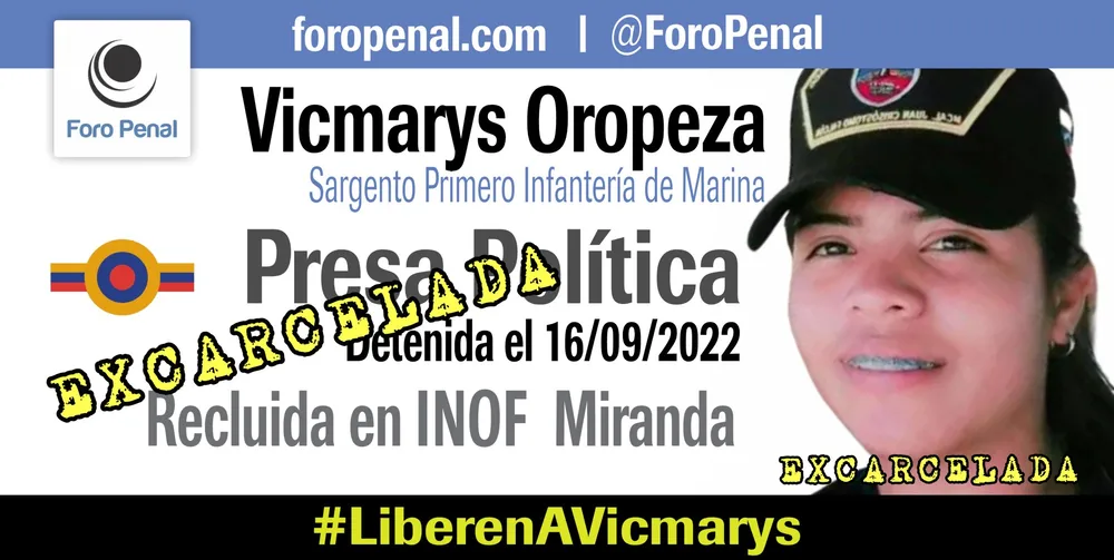 Foro Penal confirma la excarcelación de la Sargento I de infantería de marina VICMARYS OROPEZA