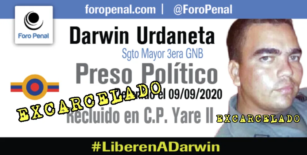 Foro Penal confirma la excarcelación del Sargento Mayor de 3era GNB DARWIN URDANETA PARDO