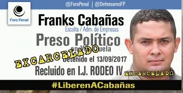 Foro Penal confirma la excarcelación del preso político Franks Cabaña. 25 de septiembre 2026