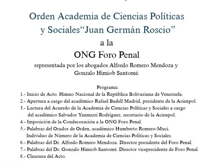 Programa del evento: Orden Academia de Ciencias Politicas y Sociales "Juan German Roscio"